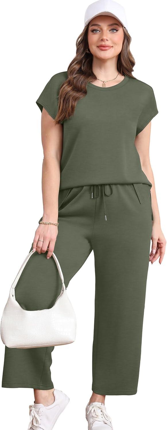 imageXIEERDUO Womens Cap Sleeve Lounge Sets 2 Piece Travel Outfits Airport Tracksuits Wide Leg Loungewear S3XLArmy Green