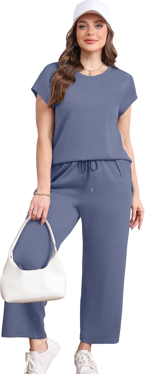 imageXIEERDUO Womens Cap Sleeve Lounge Sets 2 Piece Travel Outfits Airport Tracksuits Wide Leg Loungewear S3XLBlue
