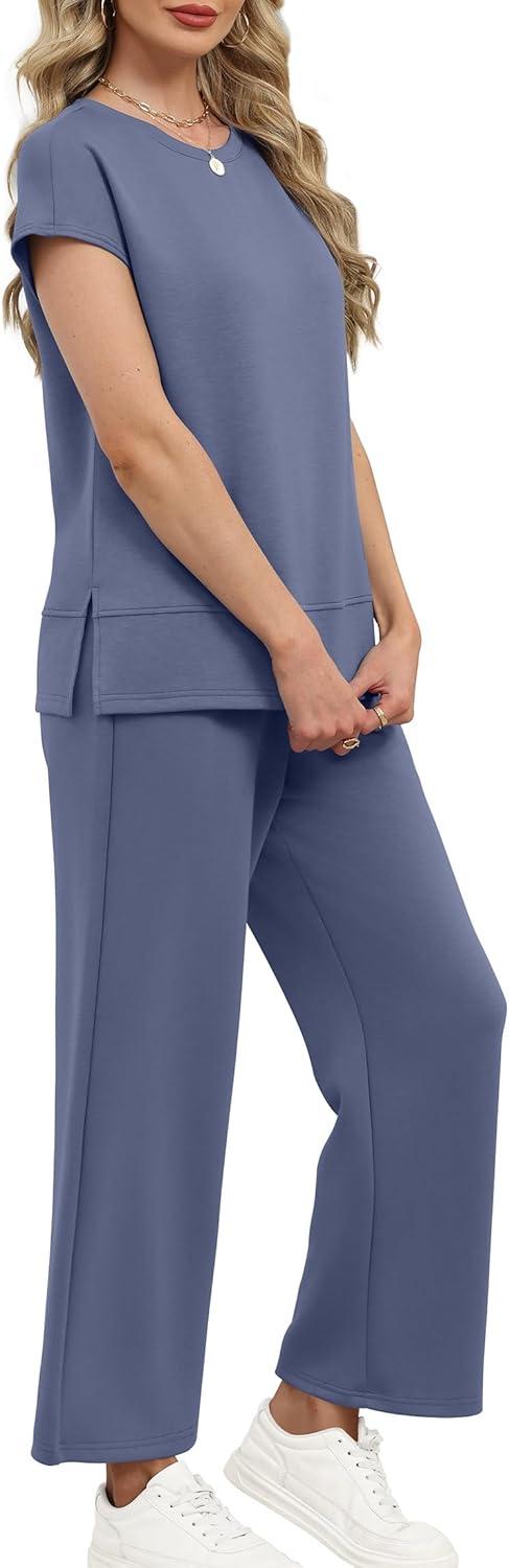 imageXIEERDUO Womens Cap Sleeve Lounge Sets 2 Piece Travel Outfits Airport Tracksuits Wide Leg Loungewear S3XLBlue