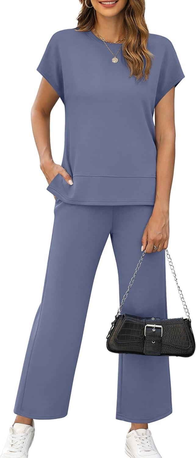 imageXIEERDUO Womens Cap Sleeve Lounge Sets 2 Piece Travel Outfits Airport Tracksuits Wide Leg Loungewear S3XLBlue