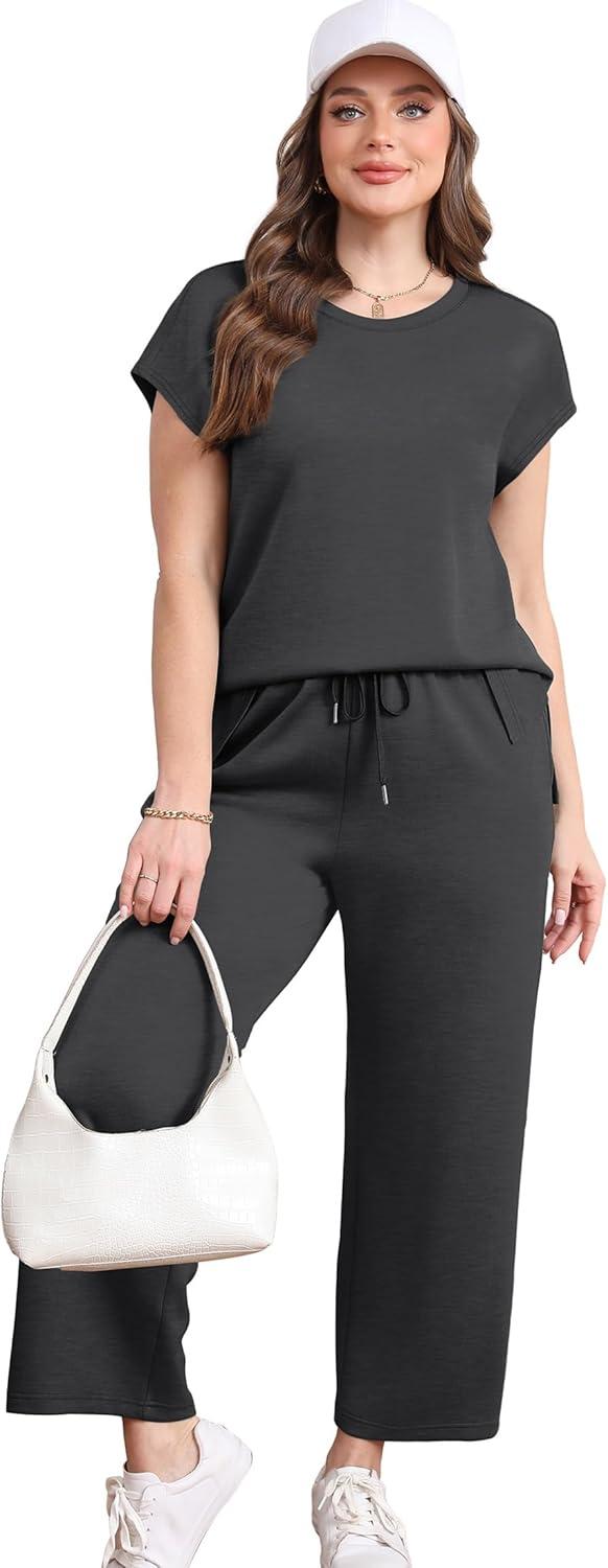 imageXIEERDUO Womens Cap Sleeve Lounge Sets 2 Piece Travel Outfits Airport Tracksuits Wide Leg Loungewear S3XLDark Grey