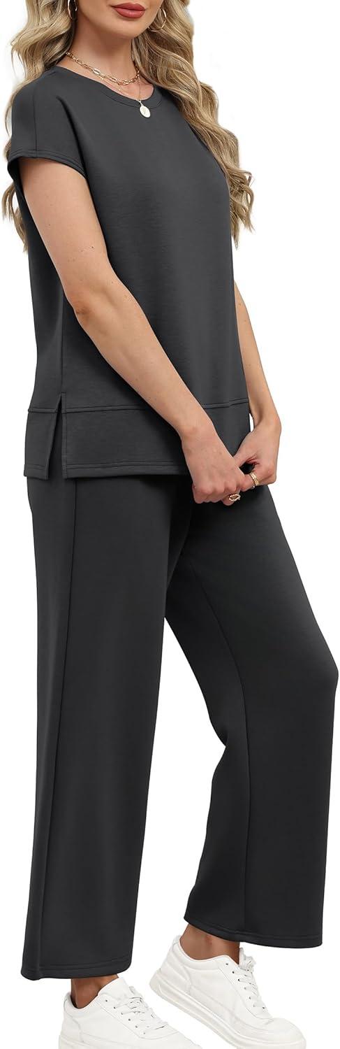 imageXIEERDUO Womens Cap Sleeve Lounge Sets 2 Piece Travel Outfits Airport Tracksuits Wide Leg Loungewear S3XLDark Grey