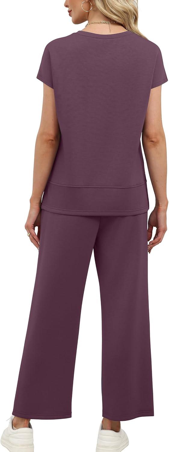 imageXIEERDUO Womens Cap Sleeve Lounge Sets 2 Piece Travel Outfits Airport Tracksuits Wide Leg Loungewear S3XLDark Purple