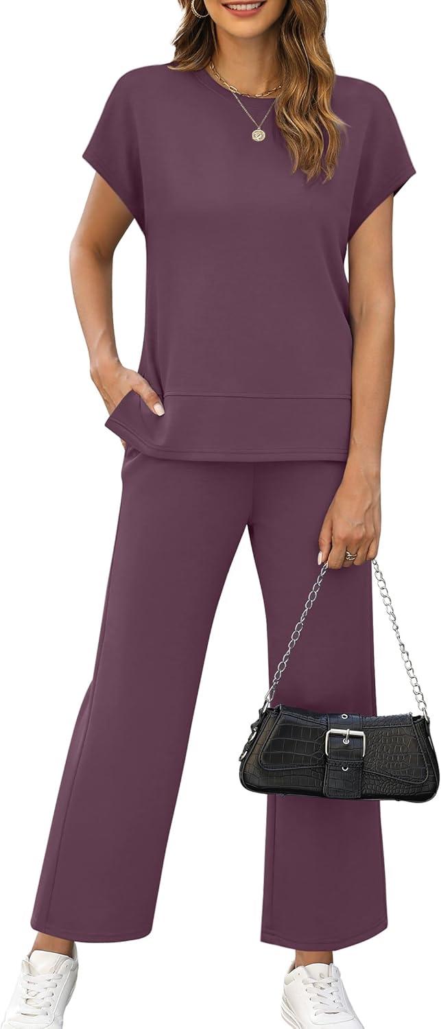 imageXIEERDUO Womens Cap Sleeve Lounge Sets 2 Piece Travel Outfits Airport Tracksuits Wide Leg Loungewear S3XLDark Purple