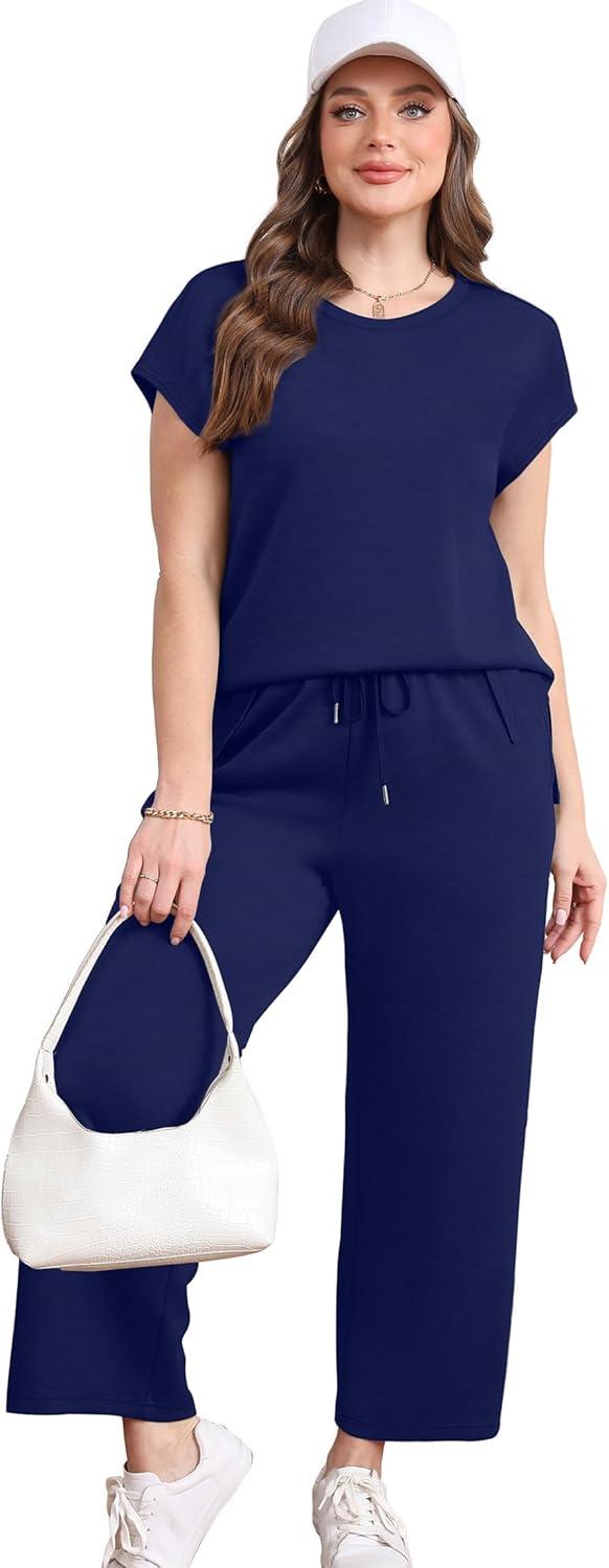 imageXIEERDUO Womens Cap Sleeve Lounge Sets 2 Piece Travel Outfits Airport Tracksuits Wide Leg Loungewear S3XLNavy