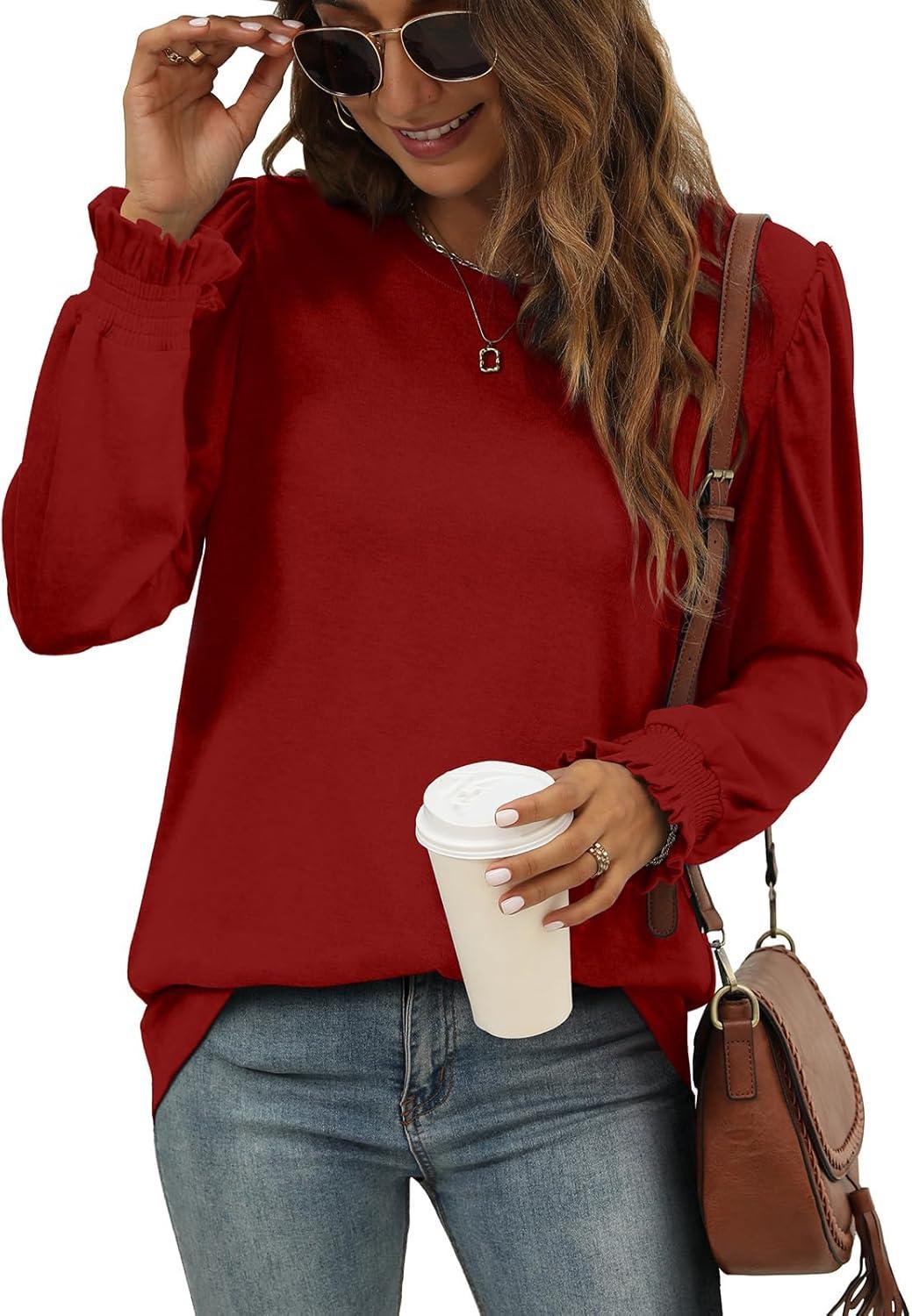 imageXIEERDUO Womens Long Sleeve Tops 2024 Fall Ruffle Puff Sleeve Cute Tunic Shirts Dressy10red