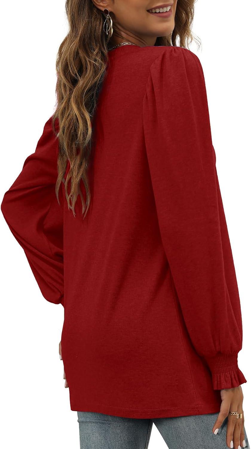 imageXIEERDUO Womens Long Sleeve Tops 2024 Fall Ruffle Puff Sleeve Cute Tunic Shirts Dressy10red