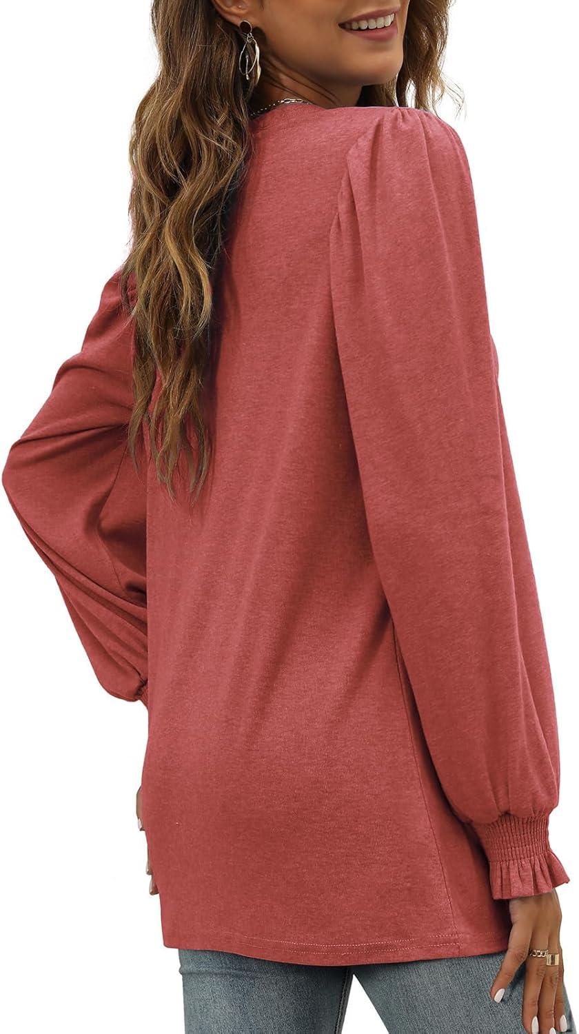 imageXIEERDUO Womens Long Sleeve Tops 2024 Fall Ruffle Puff Sleeve Cute Tunic Shirts DressyA04red