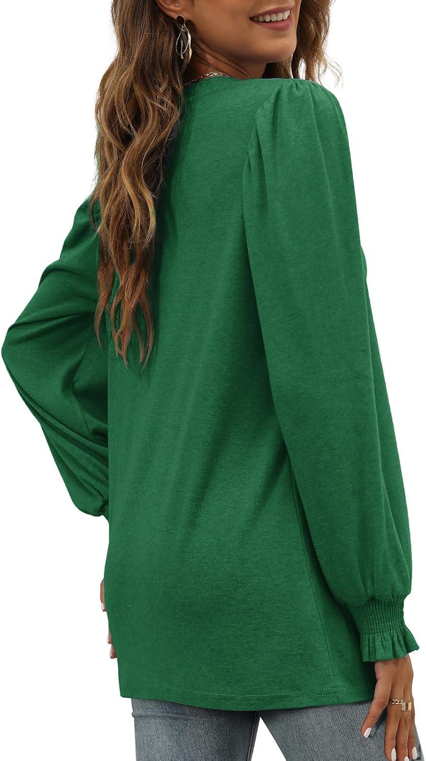 imageXIEERDUO Womens Long Sleeve Tops 2024 Fall Ruffle Puff Sleeve Cute Tunic Shirts DressyA05green