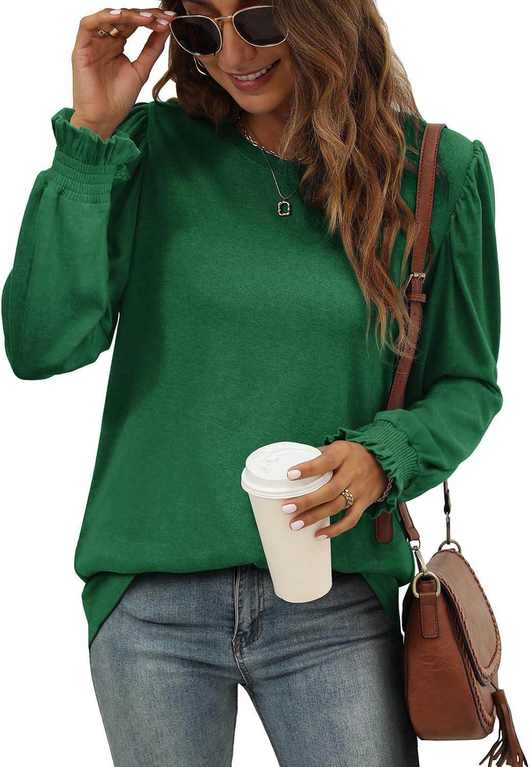 imageXIEERDUO Womens Long Sleeve Tops 2024 Fall Ruffle Puff Sleeve Cute Tunic Shirts DressyA05green