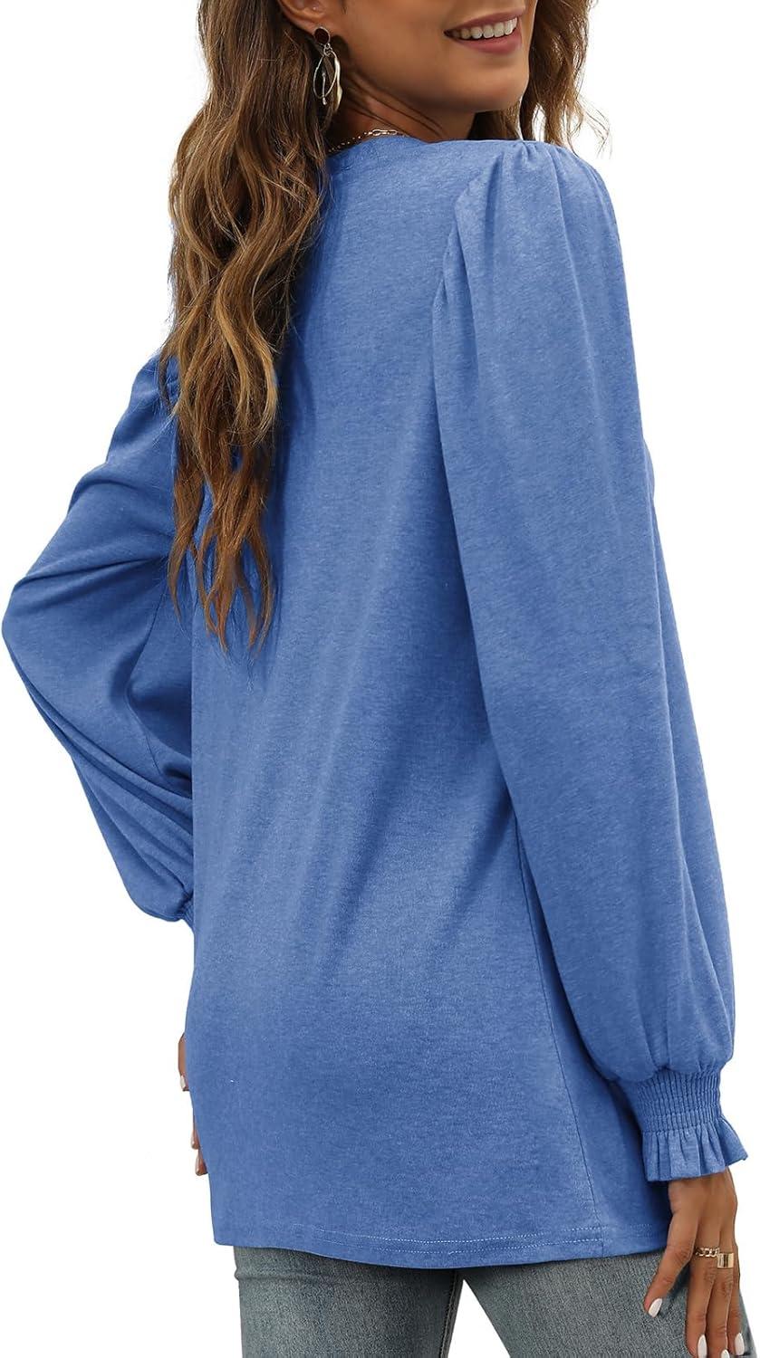 imageXIEERDUO Womens Long Sleeve Tops 2024 Fall Ruffle Puff Sleeve Cute Tunic Shirts DressyA06blue
