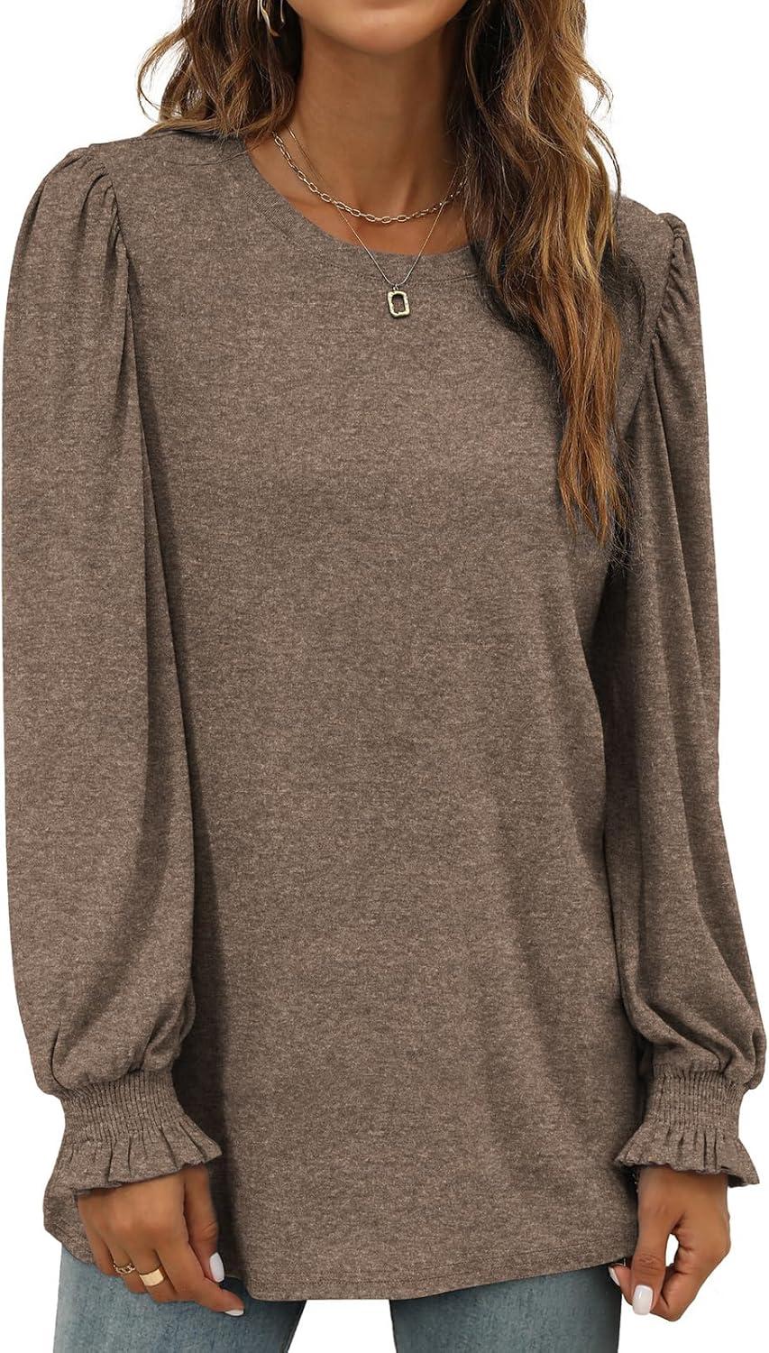 imageXIEERDUO Womens Long Sleeve Tops 2024 Fall Ruffle Puff Sleeve Cute Tunic Shirts DressyA07brown