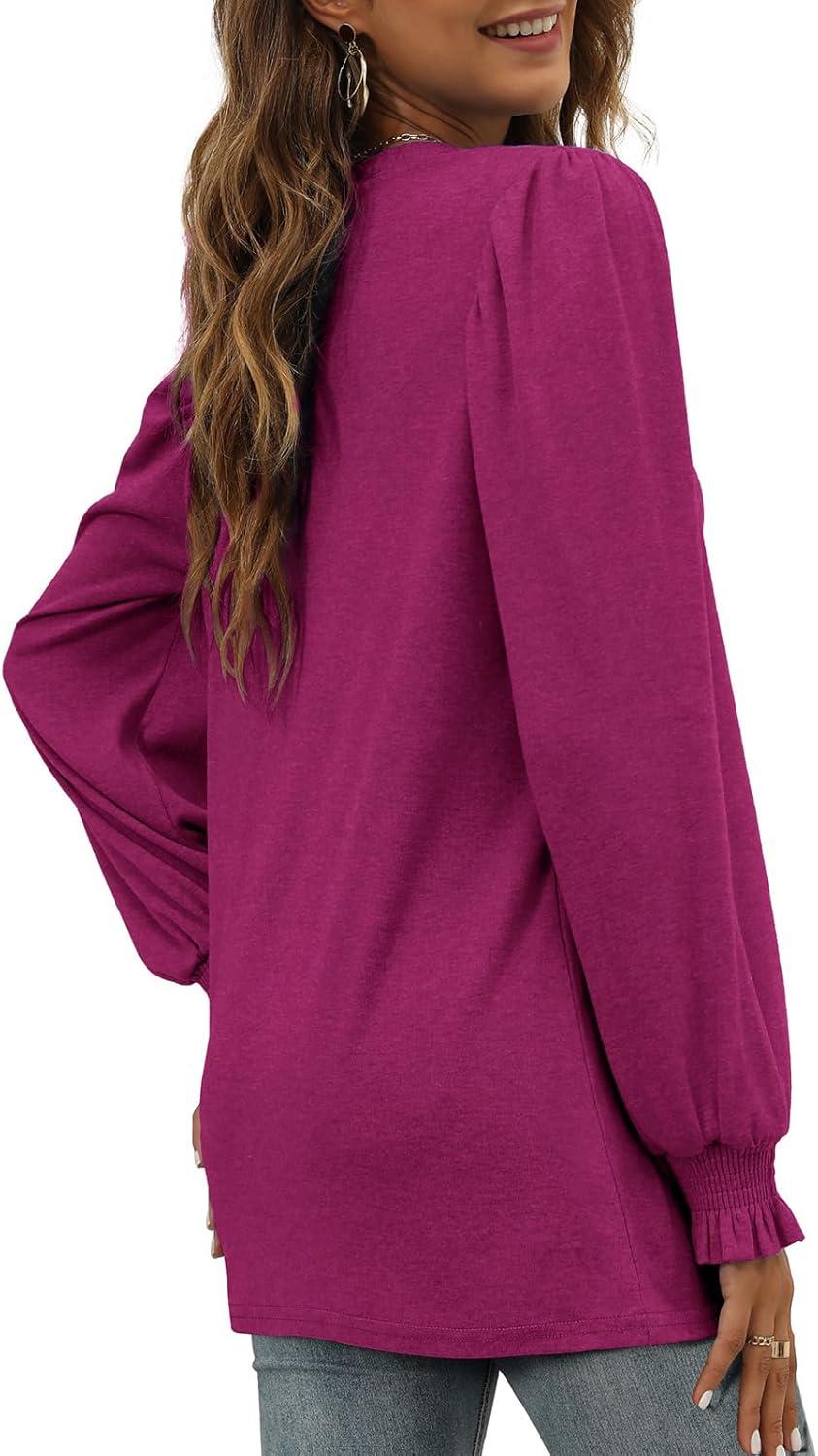 imageXIEERDUO Womens Long Sleeve Tops 2024 Fall Ruffle Puff Sleeve Cute Tunic Shirts DressyA11rose Violet