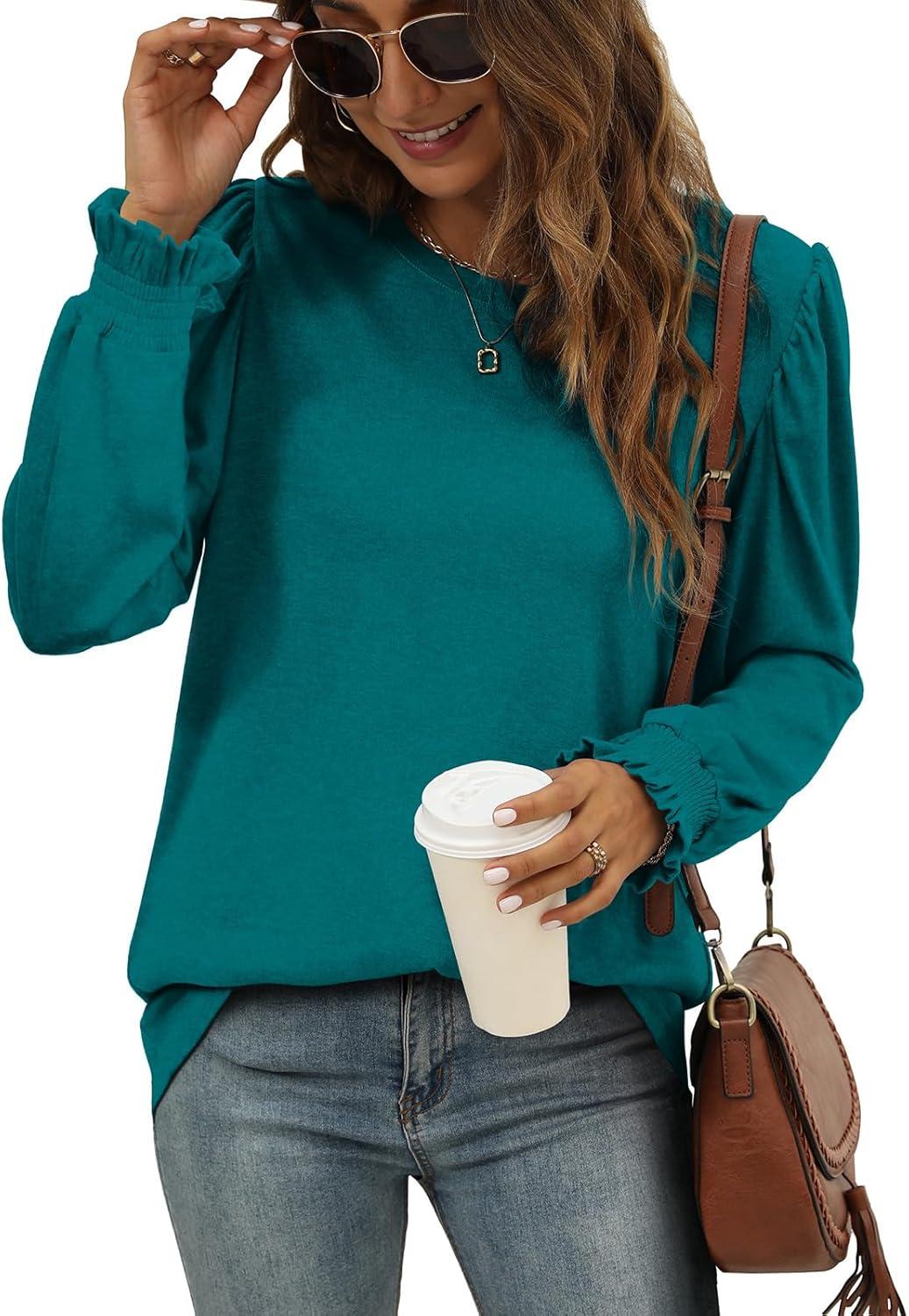 imageXIEERDUO Womens Long Sleeve Tops 2024 Fall Ruffle Puff Sleeve Cute Tunic Shirts DressyA13turquoise