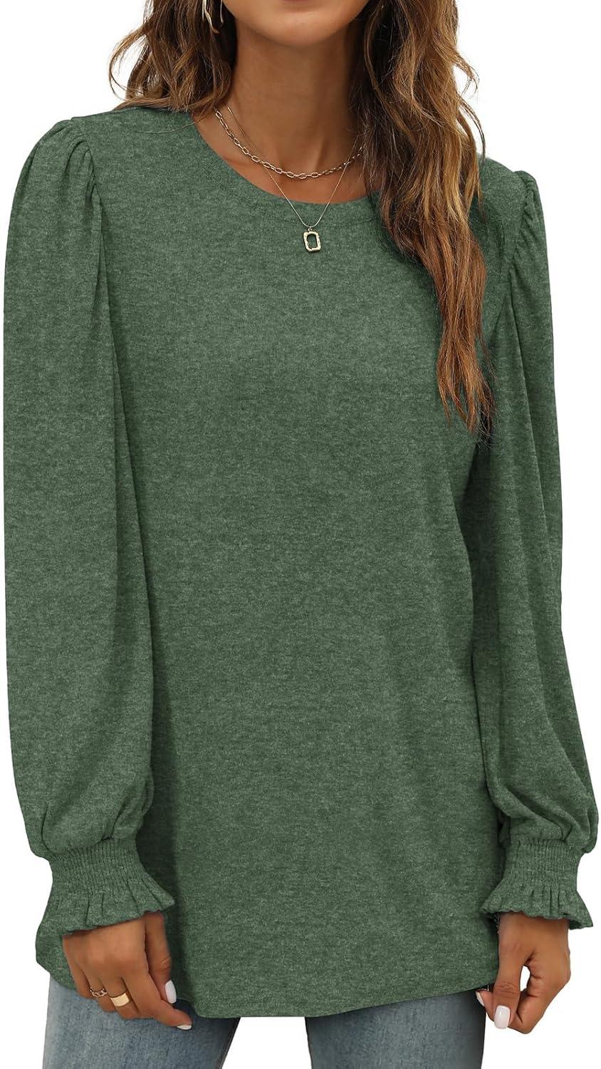 imageXIEERDUO Womens Long Sleeve Tops 2024 Fall Ruffle Puff Sleeve Cute Tunic Shirts DressyA14dark Green