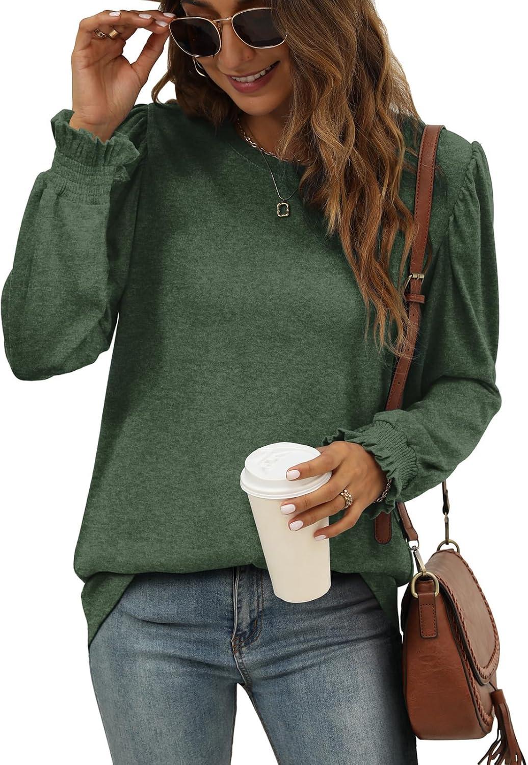 imageXIEERDUO Womens Long Sleeve Tops 2024 Fall Ruffle Puff Sleeve Cute Tunic Shirts DressyA14dark Green