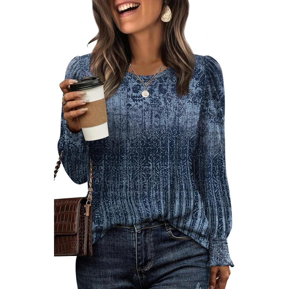 imageXIEERDUO Blouses for Women Dressy Casual Long Sleeve Shirts Fashion Clothing Puff Sleeve Tunic Tops with Smocked CuffsNavy Print