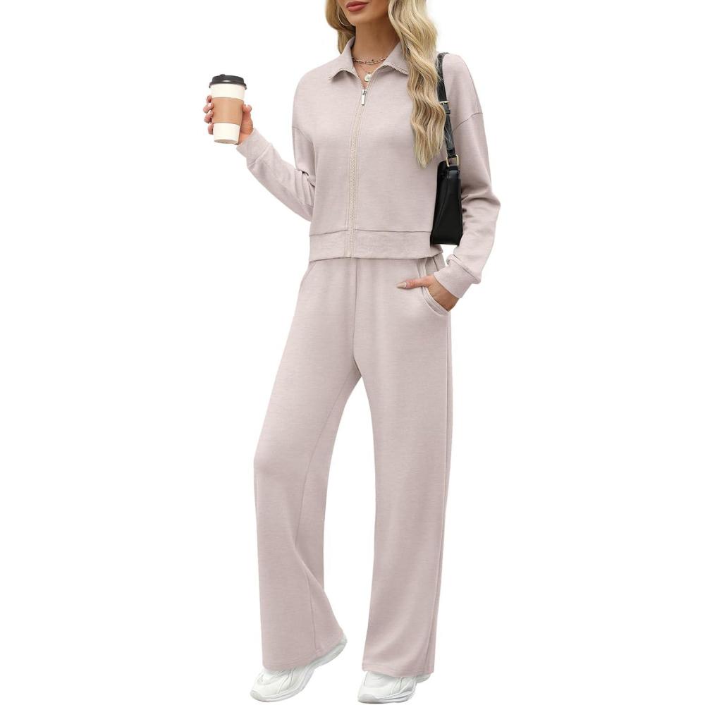 imageXIEERDUO Lounge Sets for Women 2025 Sweatsuit 2 Piece Outfits Sweatshirt Wide Leg Sweatpant Tracksuit Matching SetApricot