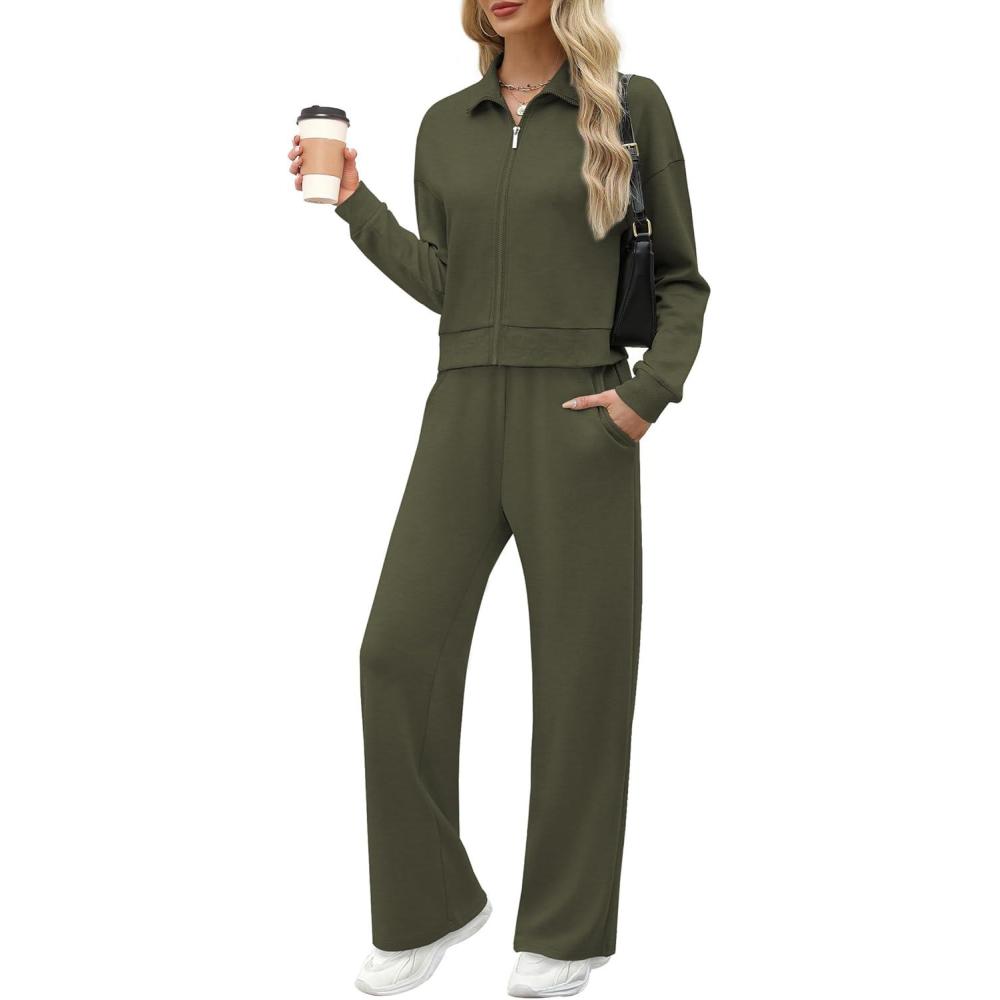imageXIEERDUO Lounge Sets for Women 2025 Sweatsuit 2 Piece Outfits Sweatshirt Wide Leg Sweatpant Tracksuit Matching SetDark Green