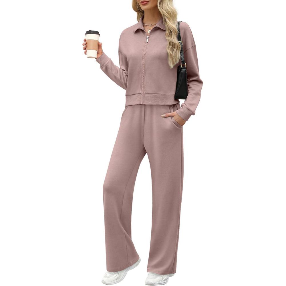 imageXIEERDUO Lounge Sets for Women 2025 Sweatsuit 2 Piece Outfits Sweatshirt Wide Leg Sweatpant Tracksuit Matching SetDark Pink