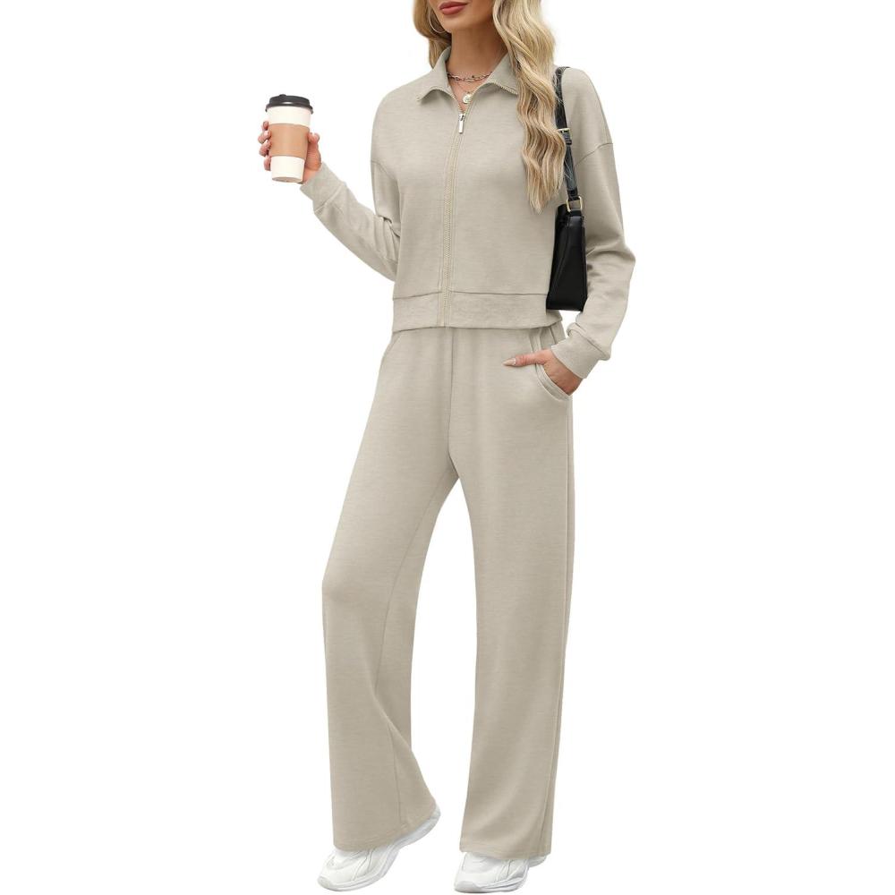 imageXIEERDUO Lounge Sets for Women 2025 Sweatsuit 2 Piece Outfits Sweatshirt Wide Leg Sweatpant Tracksuit Matching SetLight Khaki