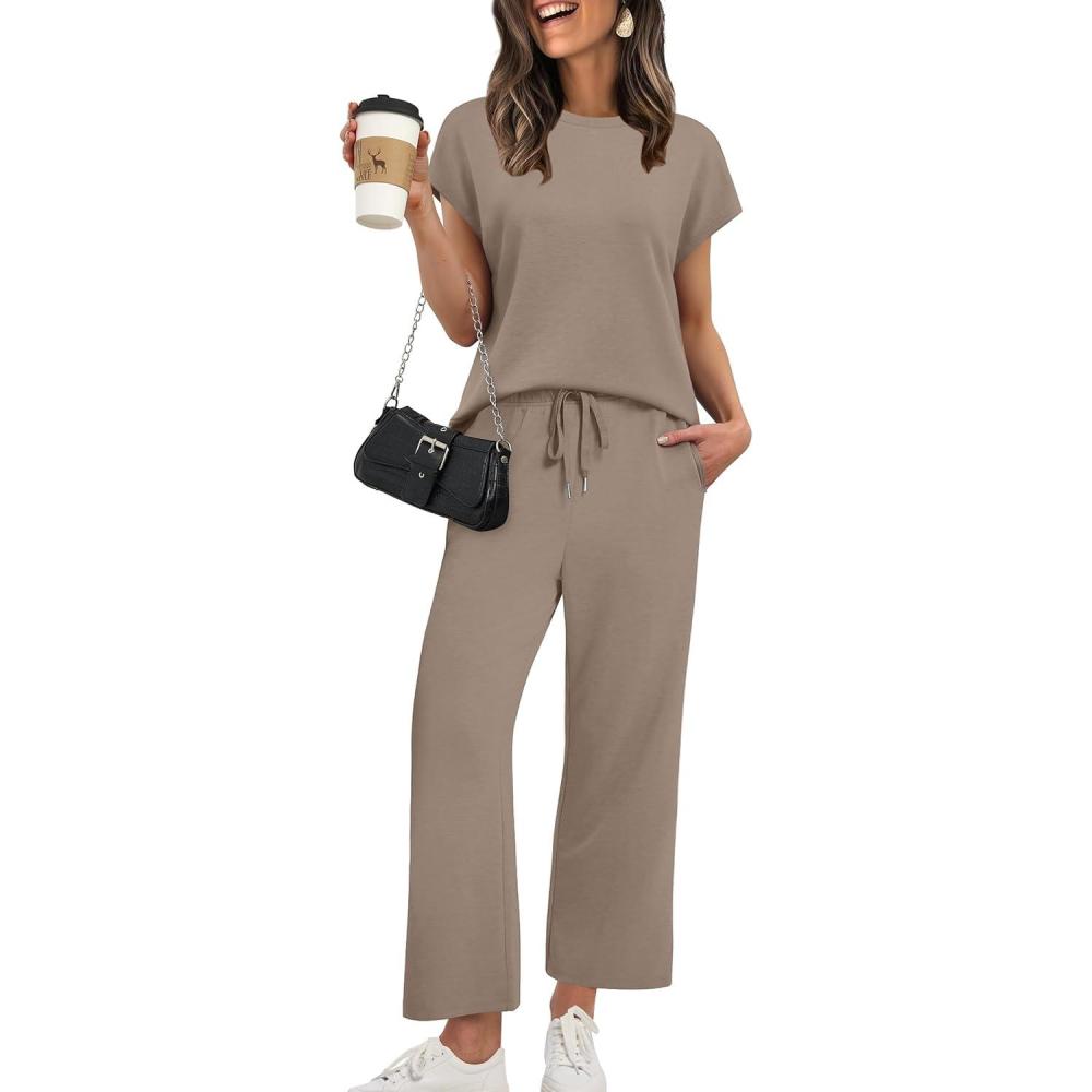 imageXIEERDUO Womens Cap Sleeve Lounge Sets 2 Piece Travel Outfits Airport Tracksuits Wide Leg Loungewear S3XLA Khaki