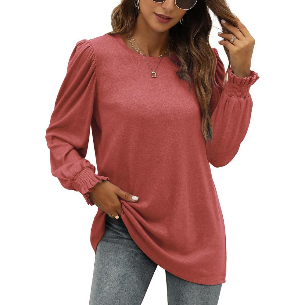 imageXIEERDUO Womens Long Sleeve Tops 2024 Fall Ruffle Puff Sleeve Cute Tunic Shirts DressyA04red