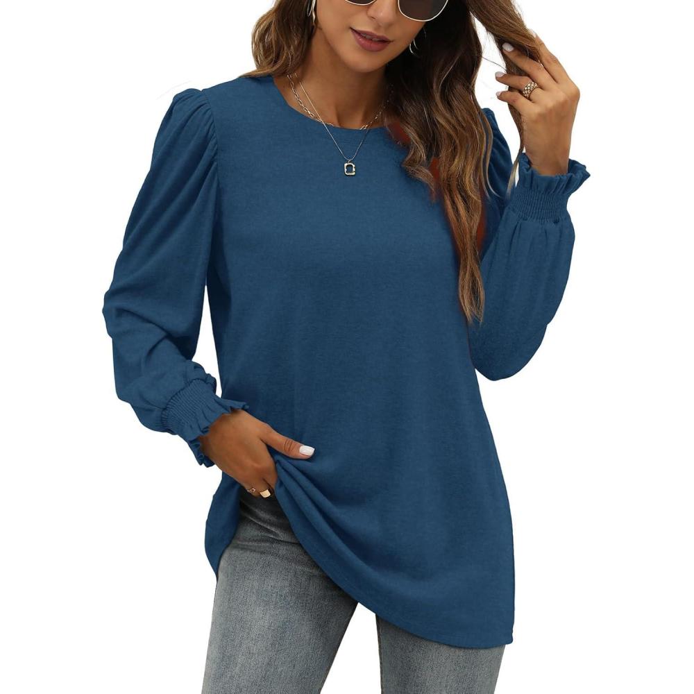 imageXIEERDUO Womens Long Sleeve Tops 2024 Fall Ruffle Puff Sleeve Cute Tunic Shirts DressyA12navy