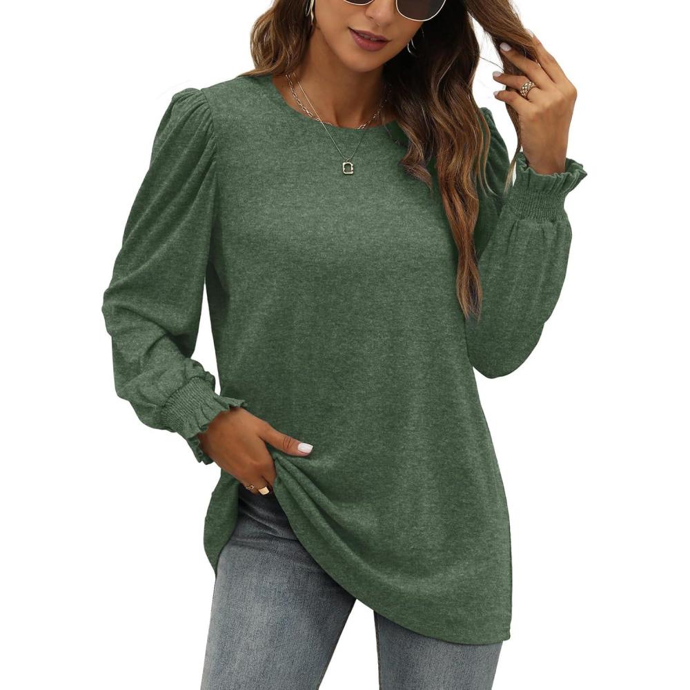 imageXIEERDUO Womens Long Sleeve Tops 2024 Fall Ruffle Puff Sleeve Cute Tunic Shirts DressyA14dark Green