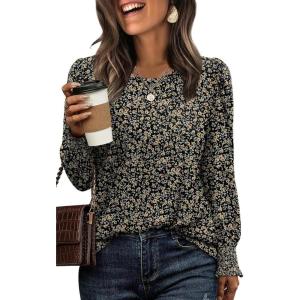 imageXIEERDUO Blouses for Women Dressy Casual Long Sleeve Shirts Fashion Clothing Puff Sleeve Tunic Tops with Smocked CuffsBlack Floral
