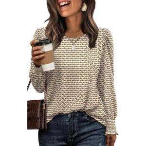 imageXIEERDUO Blouses for Women Dressy Casual Long Sleeve Shirts Fashion Clothing Puff Sleeve Tunic Tops with Smocked CuffsBrown Sripes