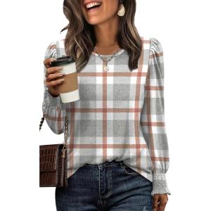 imageXIEERDUO Blouses for Women Dressy Casual Long Sleeve Shirts Fashion Clothing Puff Sleeve Tunic Tops with Smocked CuffsCgrey Block