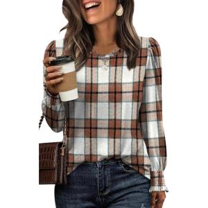 imageXIEERDUO Blouses for Women Dressy Casual Long Sleeve Shirts Fashion Clothing Puff Sleeve Tunic Tops with Smocked CuffsCkhaki Block