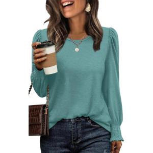 imageXIEERDUO Blouses for Women Dressy Casual Long Sleeve Shirts Fashion Clothing Puff Sleeve Tunic Tops with Smocked CuffsFblue Green