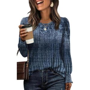 imageXIEERDUO Blouses for Women Dressy Casual Long Sleeve Shirts Fashion Clothing Puff Sleeve Tunic Tops with Smocked CuffsNavy Print