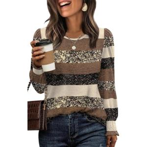 imageXIEERDUO Blouses for Women Dressy Casual Long Sleeve Shirts Fashion Clothing Puff Sleeve Tunic Tops with Smocked CuffsStripe Print