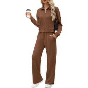 imageXIEERDUO Lounge Sets for Women 2025 Sweatsuit 2 Piece Outfits Sweatshirt Wide Leg Sweatpant Tracksuit Matching SetCoffee Brown