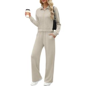 imageXIEERDUO Lounge Sets for Women 2025 Sweatsuit 2 Piece Outfits Sweatshirt Wide Leg Sweatpant Tracksuit Matching SetLight Khaki