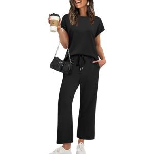 imageXIEERDUO Womens Cap Sleeve Lounge Sets 2 Piece Travel Outfits Airport Tracksuits Wide Leg Loungewear S3XLA Black