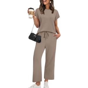 imageXIEERDUO Womens Cap Sleeve Lounge Sets 2 Piece Travel Outfits Airport Tracksuits Wide Leg Loungewear S3XLA Khaki