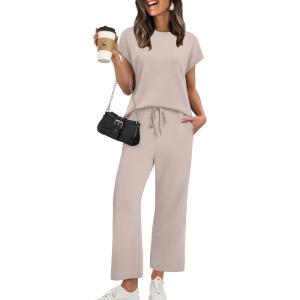 imageXIEERDUO Womens Cap Sleeve Lounge Sets 2 Piece Travel Outfits Airport Tracksuits Wide Leg Loungewear S3XLApricot