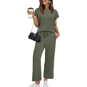 imageXIEERDUO Womens Cap Sleeve Lounge Sets 2 Piece Travel Outfits Airport Tracksuits Wide Leg Loungewear S3XLArmy Green
