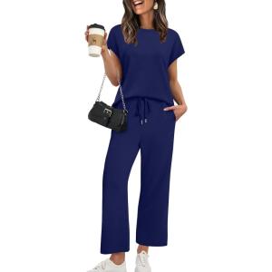 imageXIEERDUO Womens Cap Sleeve Lounge Sets 2 Piece Travel Outfits Airport Tracksuits Wide Leg Loungewear S3XLNavy