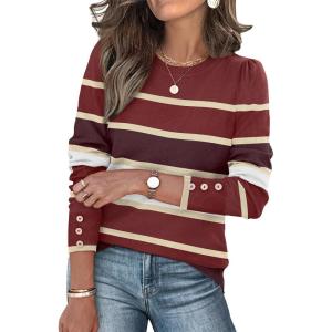 imageWomens Sweaters Fall Fashion 2025 Long Sleeve Button Cuff Soft Knit Pullover Trendy Tops Dressy Casual BlousesColored Stripes 1
