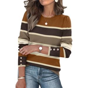 imageWomens Sweaters Fall Fashion 2025 Long Sleeve Button Cuff Soft Knit Pullover Trendy Tops Dressy Casual BlousesColored Stripes 2