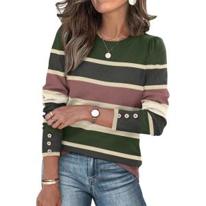 imageWomens Sweaters Fall Fashion 2025 Long Sleeve Button Cuff Soft Knit Pullover Trendy Tops Dressy Casual BlousesColored Stripes 3