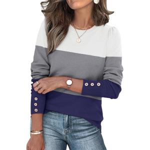 imageWomens Sweaters Fall Fashion 2025 Long Sleeve Button Cuff Soft Knit Pullover Trendy Tops Dressy Casual BlousesWhite Grey Blue