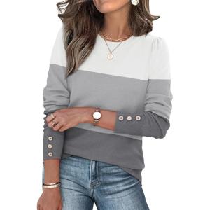 imageWomens Sweaters Fall Fashion 2025 Long Sleeve Button Cuff Soft Knit Pullover Trendy Tops Dressy Casual BlousesWhite Grey Flower Grey