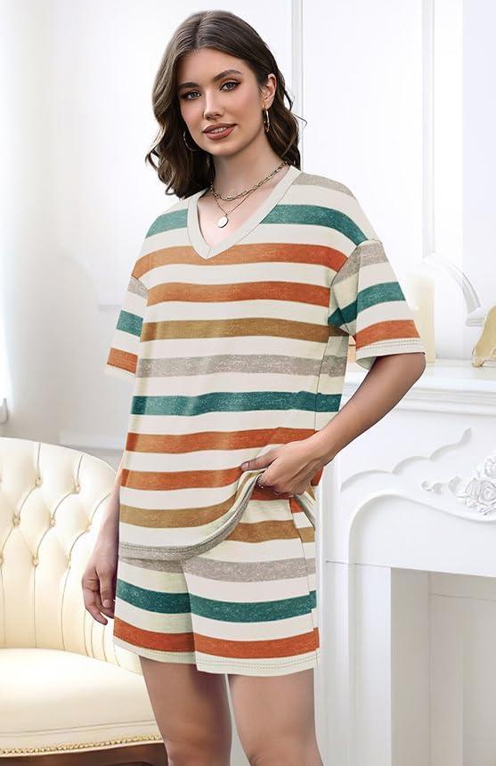 imageXIEERDUO Lounge Sets for Women Shorts Summer Pajamas for Women Set Sleepwear 2 Piece Sets Airport Vacation OutfitsColorful Stripe 1