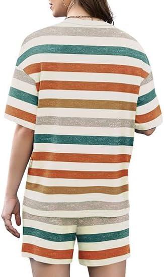 imageXIEERDUO Lounge Sets for Women Shorts Summer Pajamas for Women Set Sleepwear 2 Piece Sets Airport Vacation OutfitsColorful Stripe 1